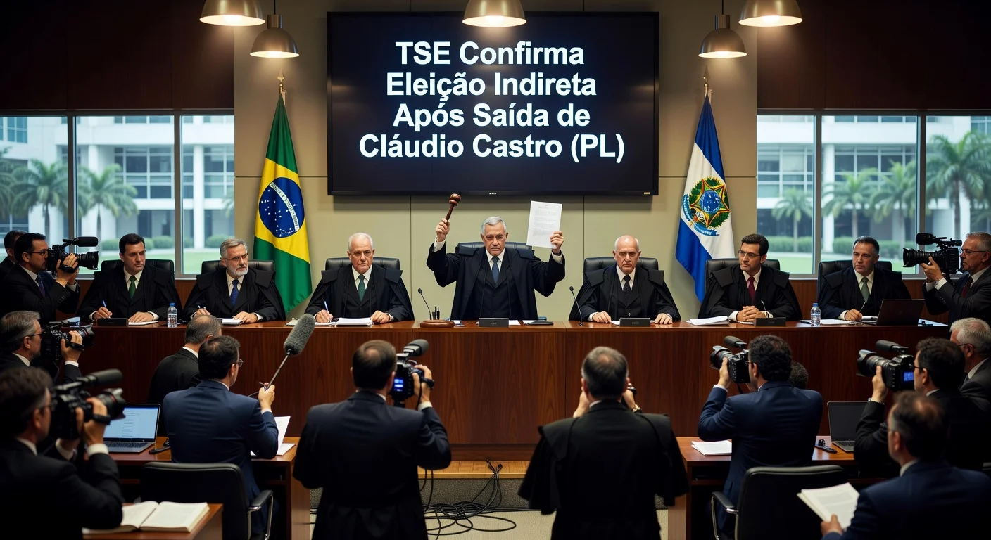Illustration of TSE judges confirming indirect election for Rio governor after Cláudio Castro's resignation, with court session and headline display.