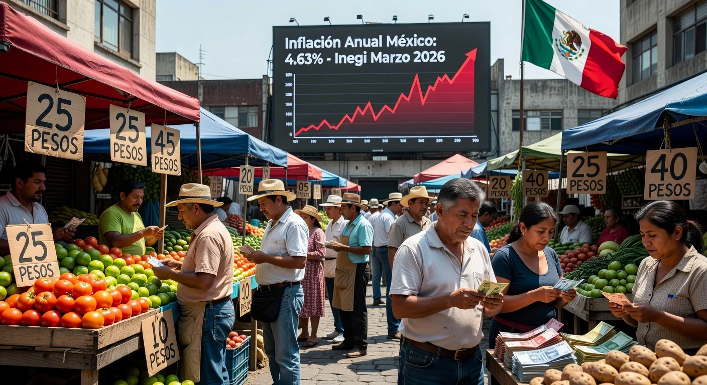 Illustration of Mexico's inflation rising to 4.63% in March 2026, featuring a market scene with rising prices and a billboard display.