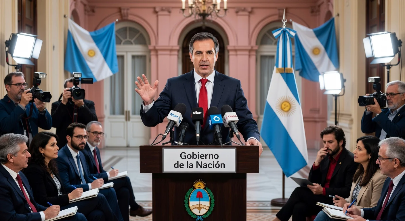 Manuel Adorni announces Hojarasca law and deregulation package at Casa Rosada press conference.