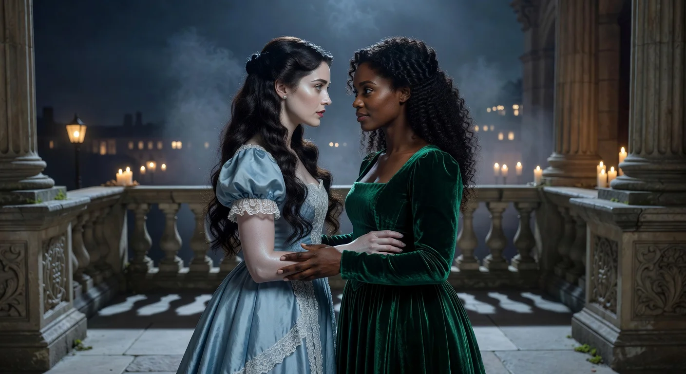Francesca and Michaela Stirling sharing a romantic balcony moment in Bridgerton season 5 teaser image.