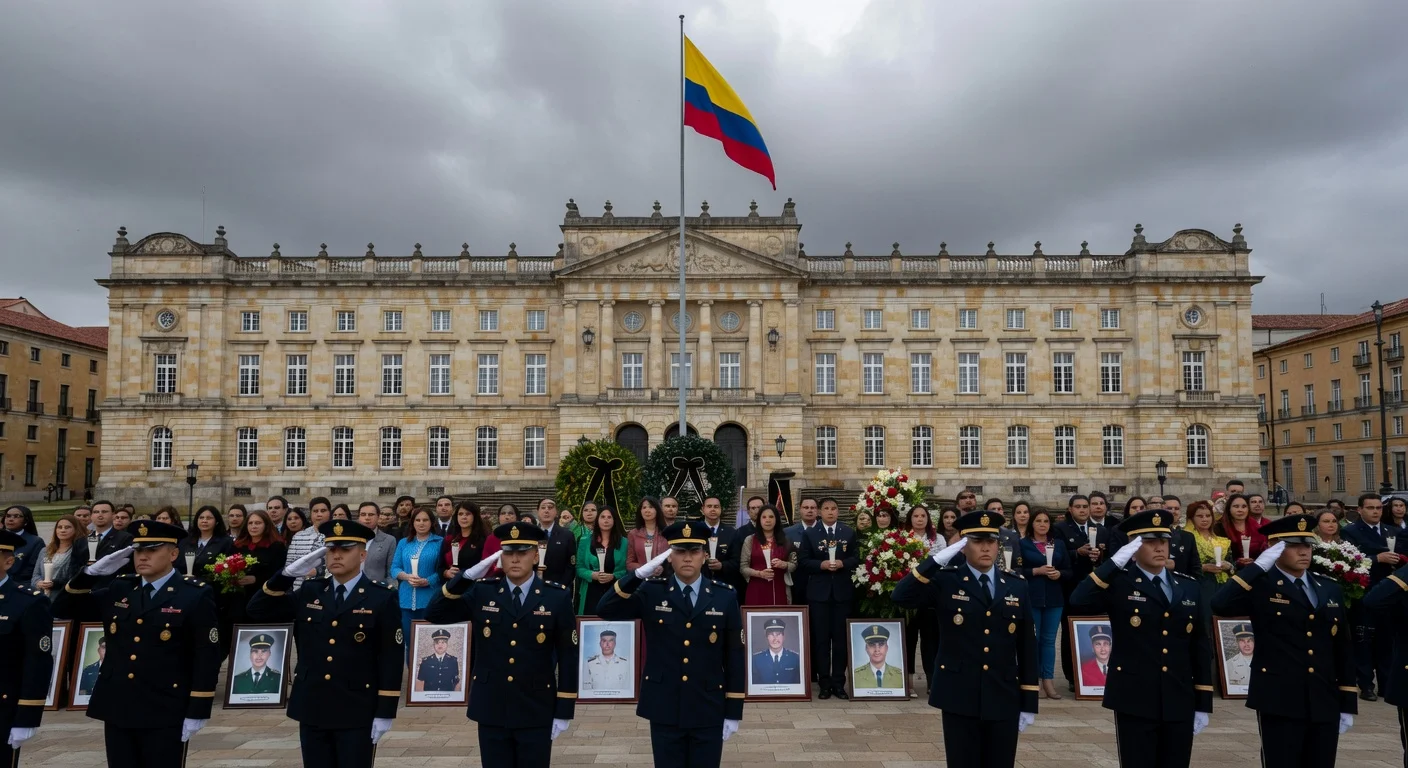 Somber scene of Colombian flag at half-mast with military salute and mourning crowds in Bogotá, honoring victims of the Putumayo plane crash.