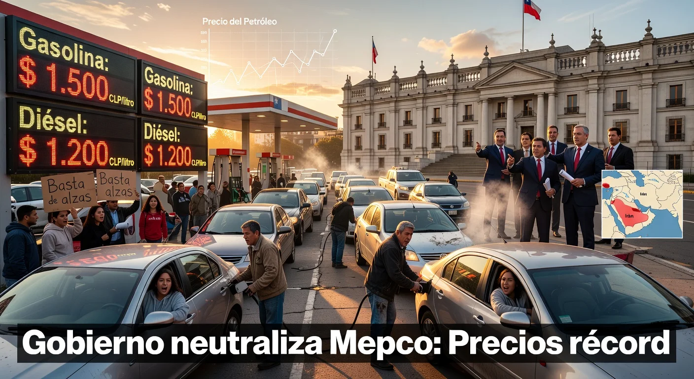 Chilean gas station showing historic fuel price hikes after government decree on Mepco, with queues of drivers and La Moneda palace in background.