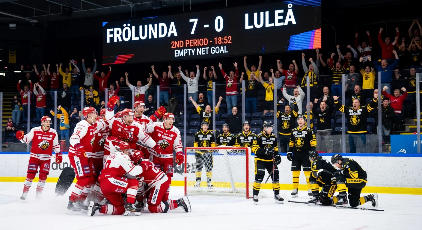Frölunda players celebrate 7-0 shutout victory over Luleå in SHL quarterfinal, empty-net goal amid dejected opponents.
