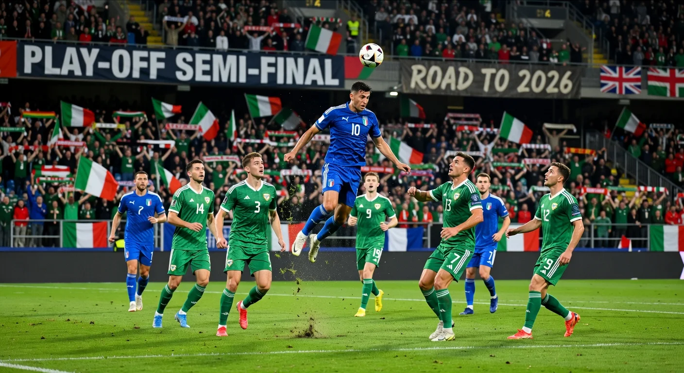 Dramatic stadium scene of Italy vs Northern Ireland World Cup play-off semi-final match in Bergamo.