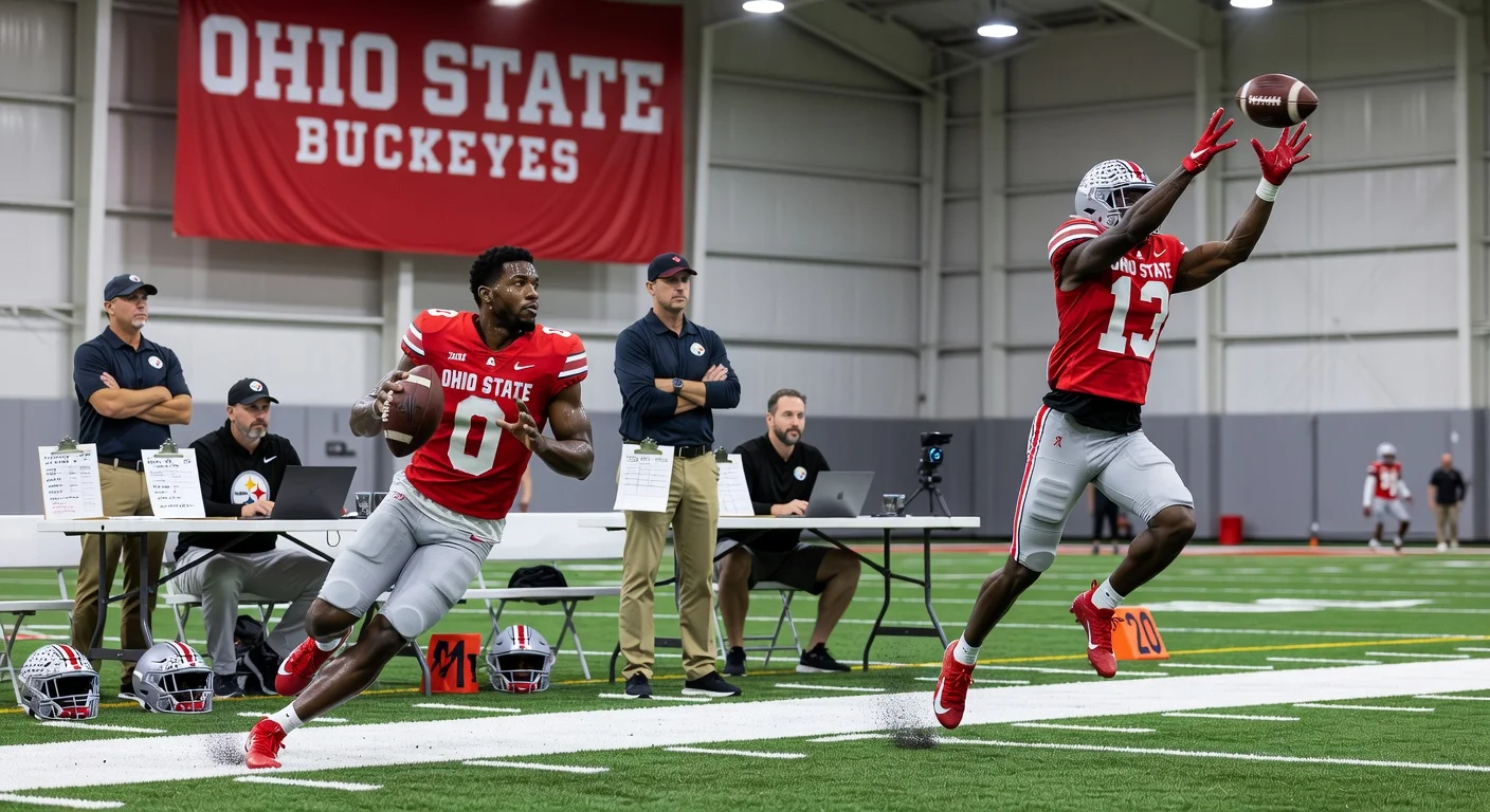 Ohio State prospects Caleb Downs and Carnell Tate shine at NFL Pro Day, impressing scouts like Pittsburgh Steelers reps.