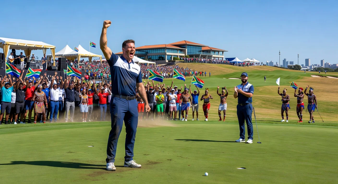 Bryson DeChambeau celebrates playoff victory over Jon Rahm at LIV Golf South Africa amid festival crowds.
