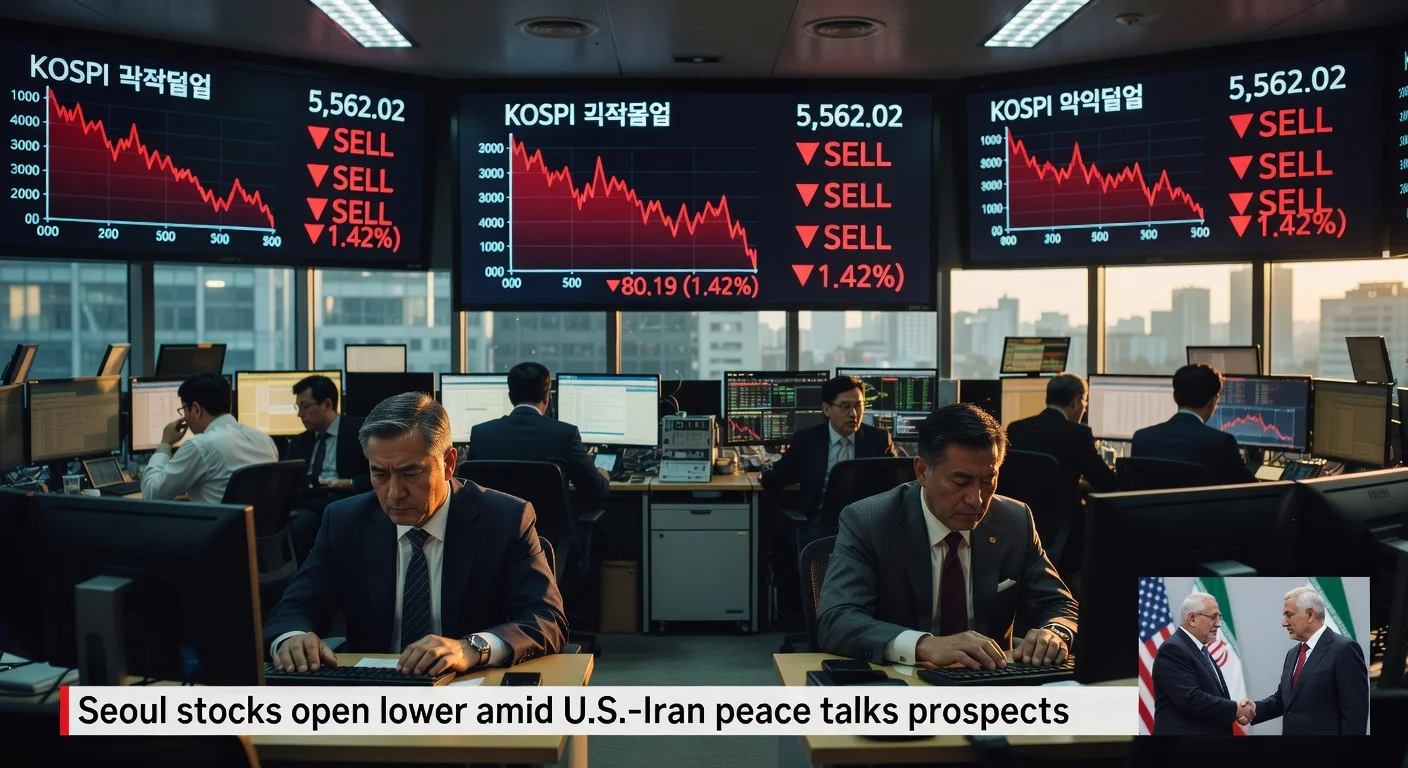 Illustration of Seoul's KOSPI stock index falling amid U.S.-Iran peace talks prospects, showing concerned traders and declining market charts.