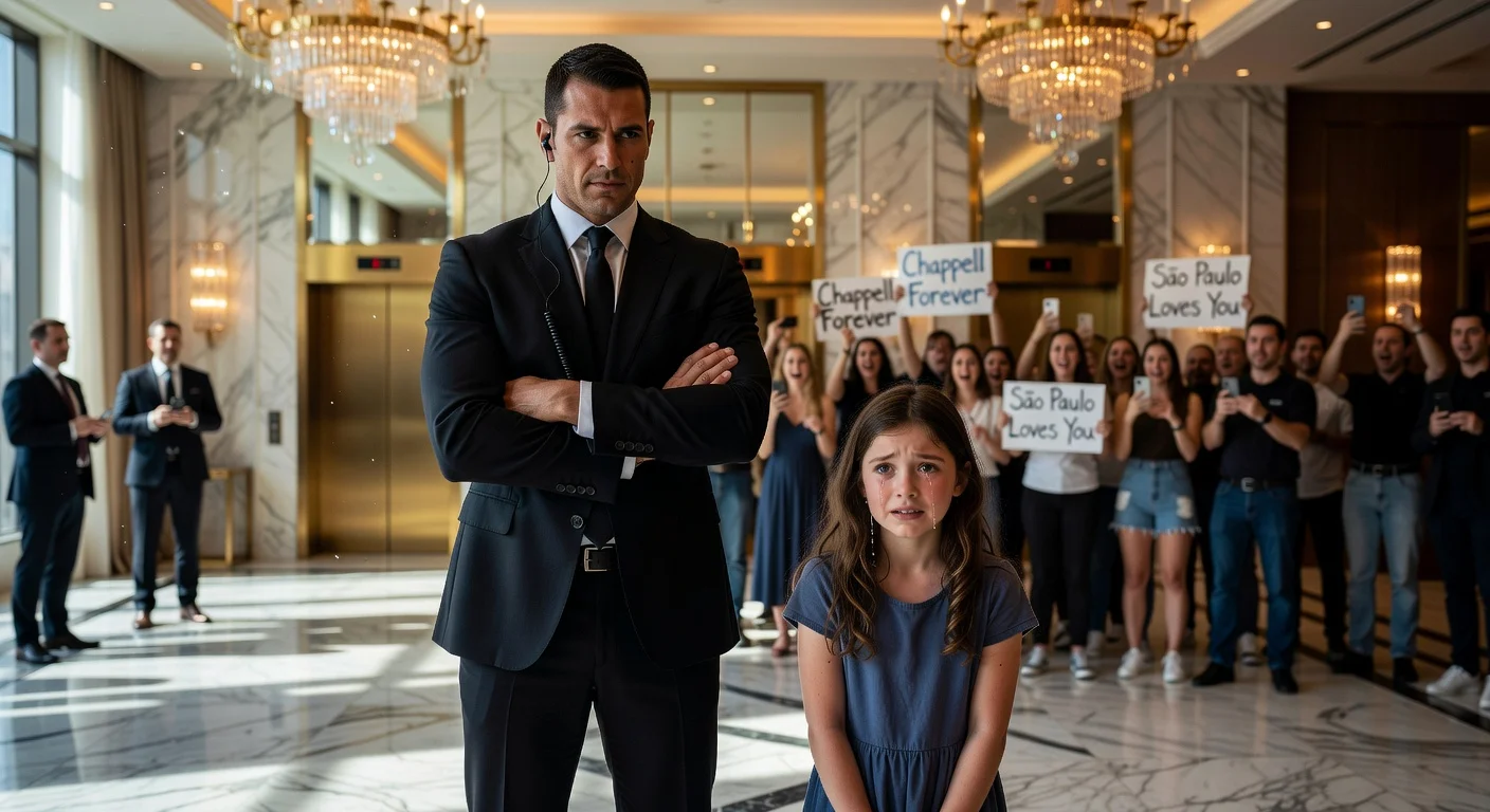 Illustration of bodyguard Pascal Duvier taking responsibility in the Chappell Roan Sao Paulo hotel incident, showing him sternly facing a crying young girl in a luxurious lobby.