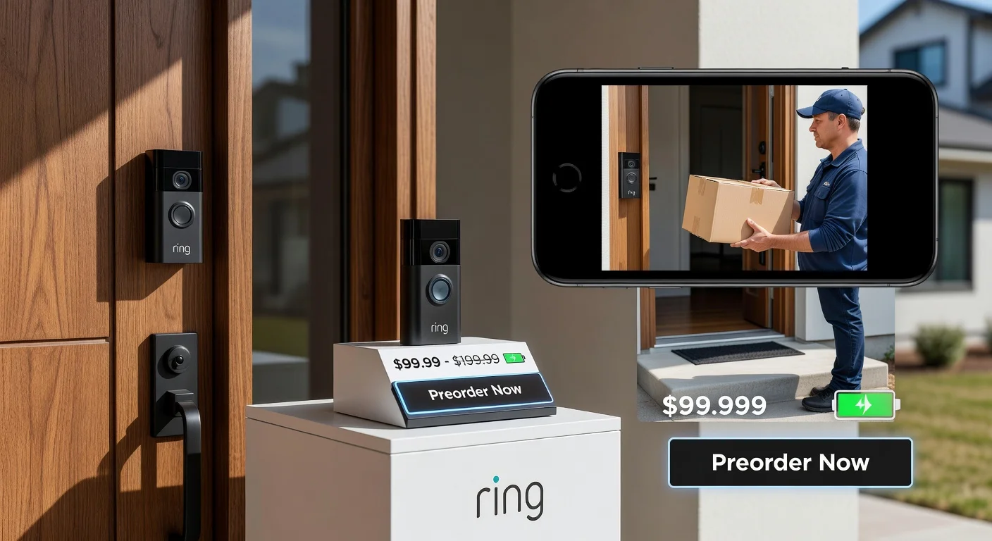 Ring's new battery-powered 4K and 2K video doorbells mounted on a front door, showcasing wireless installation, high-res video feed, and preorder pricing for a tech news illustration.