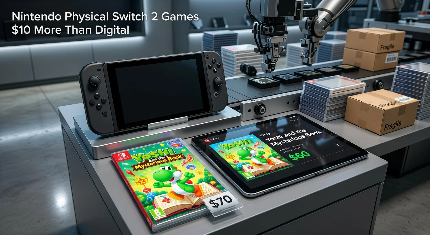News illustration depicting Nintendo Switch 2's Yoshi game cartridge priced at $70 physical versus $60 digital on eShop, highlighting cartridge cost differences.