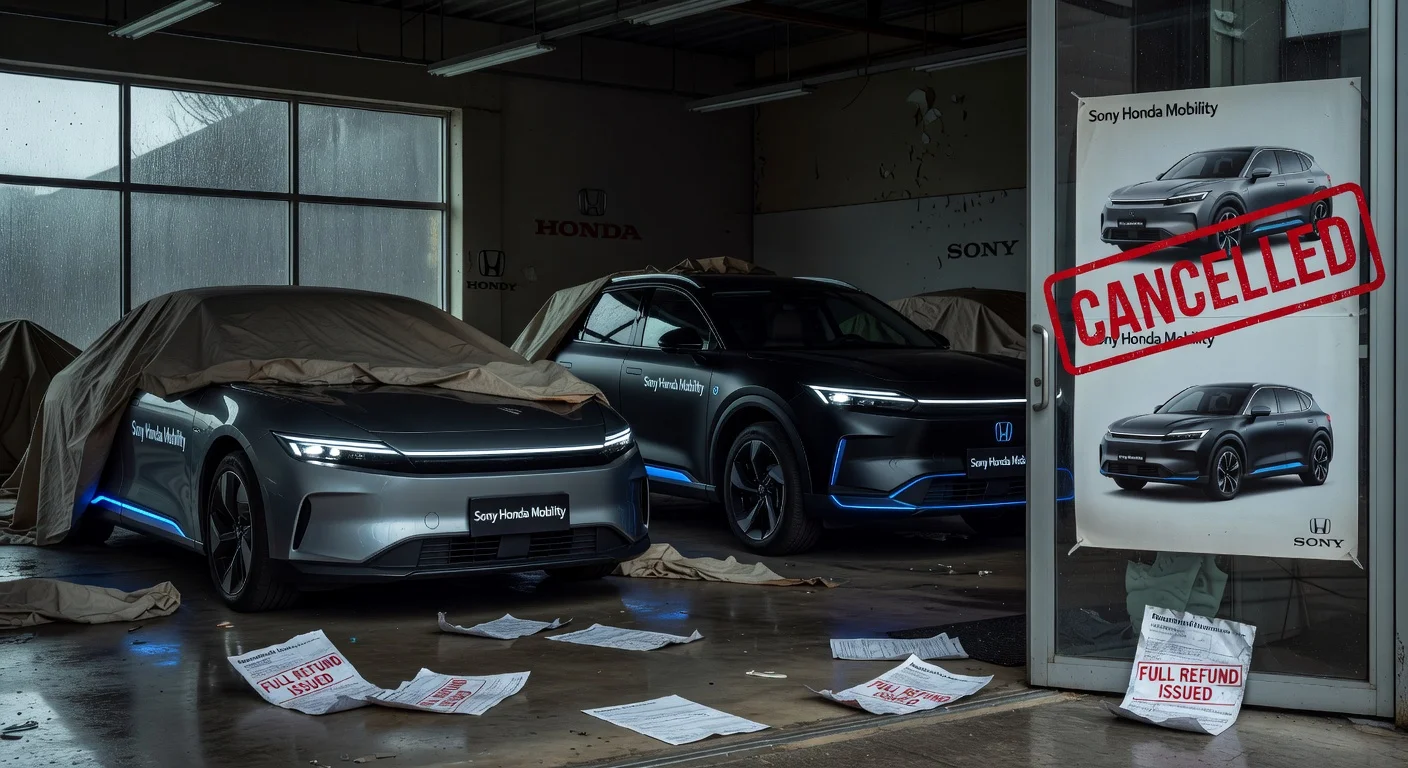 Dramatic photo of cancelled Afeela 1 sedan and Afeela 2 SUV in an empty showroom with 'CANCELLED' sign and refund forms, symbolizing Sony Honda Mobility's EV project discontinuation.