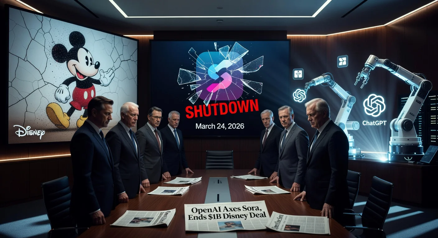 Dramatic illustration depicting OpenAI executives announcing the shutdown of Sora video app, dissolving Disney partnership, and pivot to robotics and business tools.
