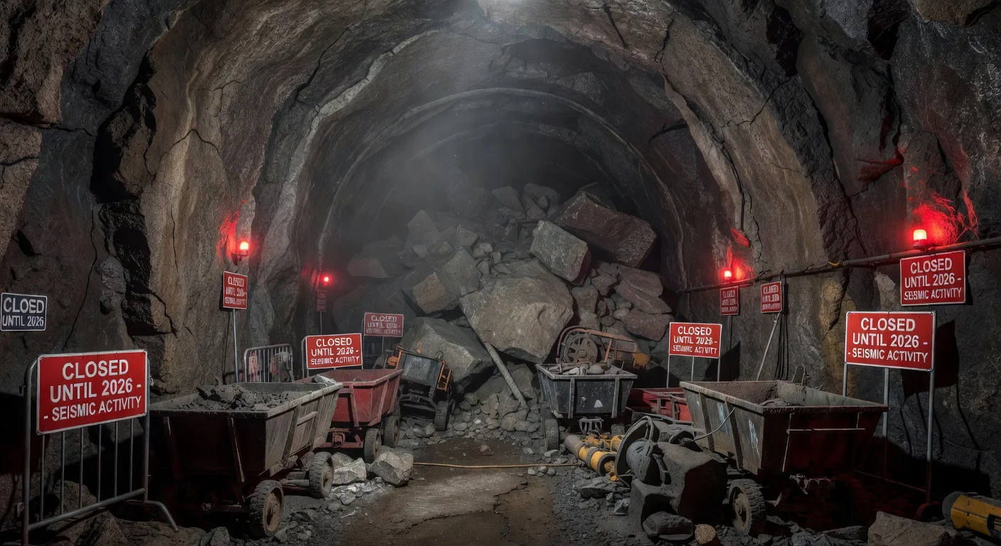 Damaged underground tunnel in Garpenberg mine, closed until 2026 due to earthquakes, with cracks, debris, and warning barriers.