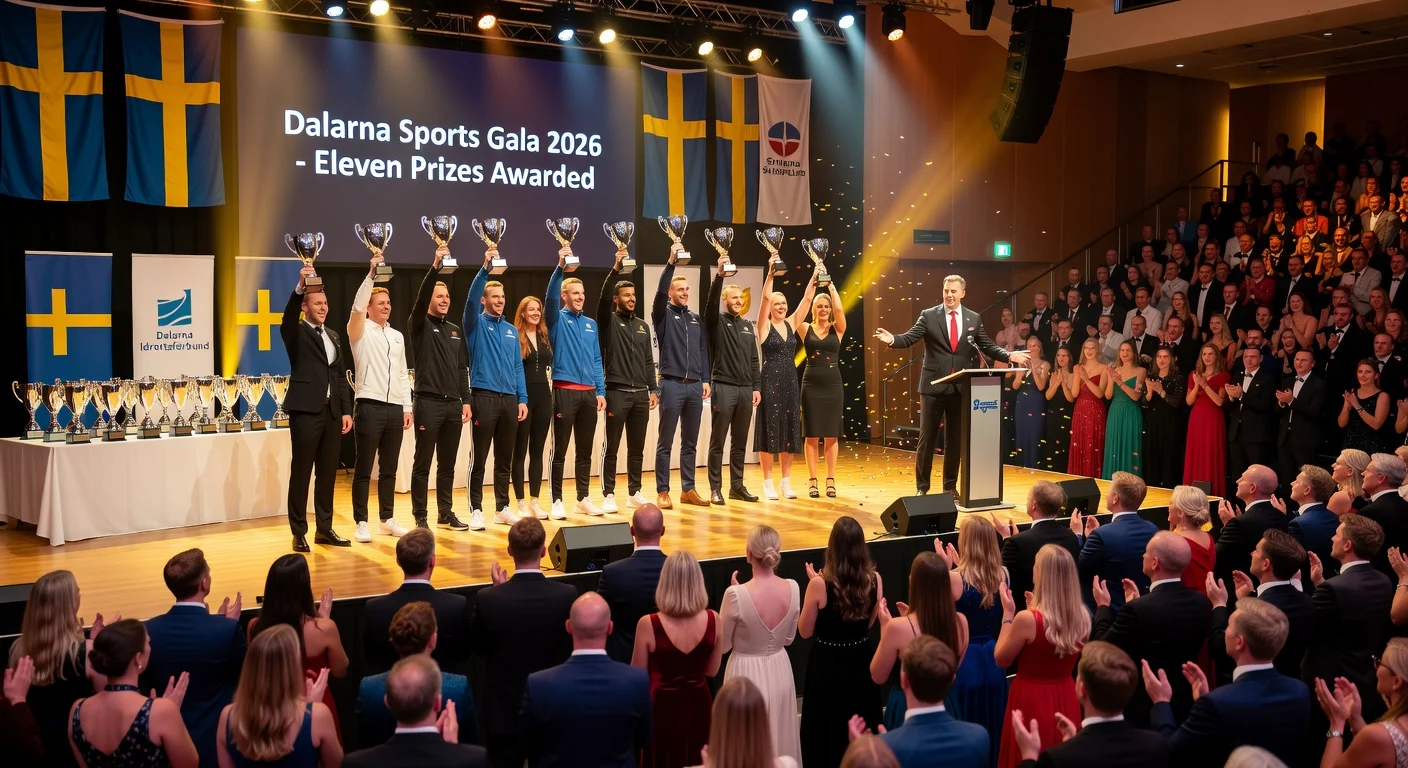 Sports gala award ceremony at Magasinet in Falun: winners on stage holding trophies amid cheering crowd.