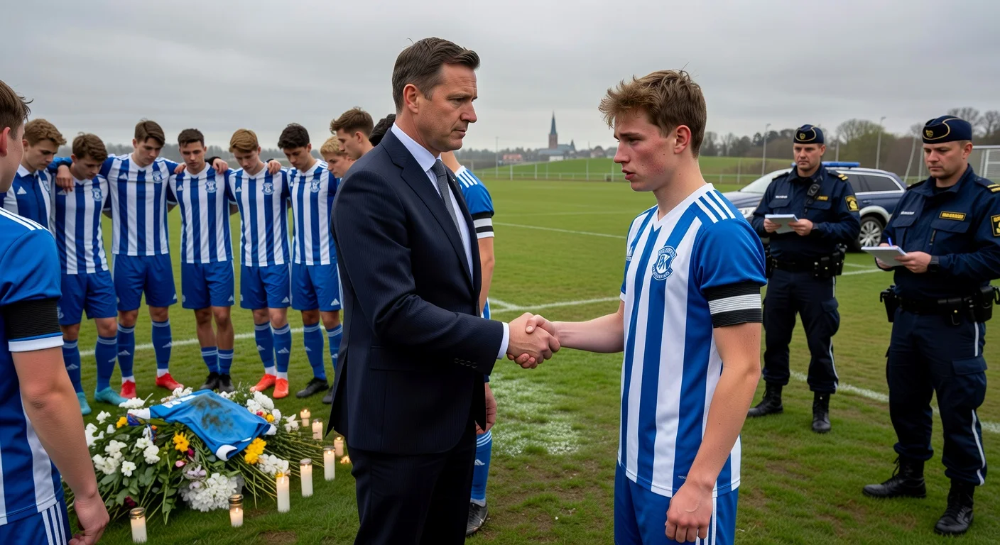 Justice Minister Strömmer meets mourning BK Forward players on the training pitch in Örebro, five days after goalkeeper Hugo Mosshagen's murder.