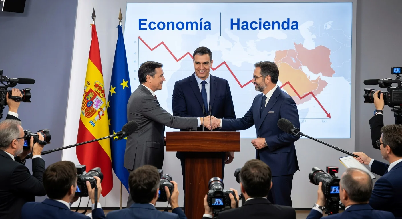 Spanish PM Pedro Sánchez appoints Carlos Cuerpo and Arcadi España to key economic roles amid crisis, formal handshake at Moncloa Palace press conference.