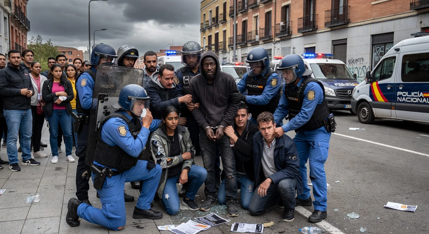 Police officers detaining Serigne Mbaye and six others in Madrid's Usera district after a clash injuring five officers.