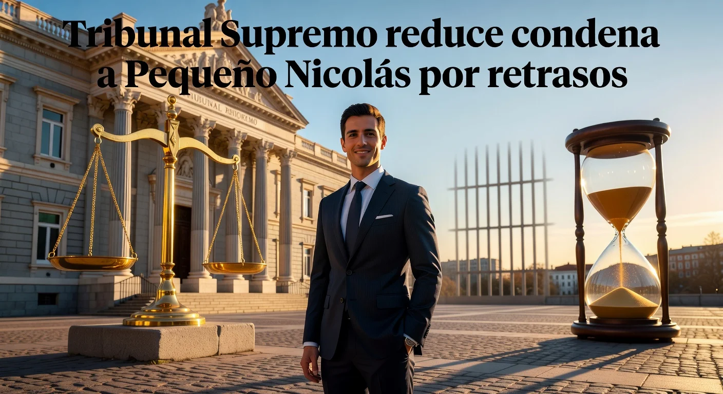 Pequeño Nicolás smiling relieved outside Spain's Supreme Court after penalty reduction, newspaper in hand symbolizing chance to avoid prison.