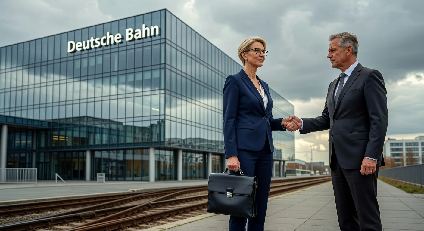 Illustration depicting Karin Dohm parting ways with Deutsche Bahn executives outside headquarters, amid corporate restructuring.