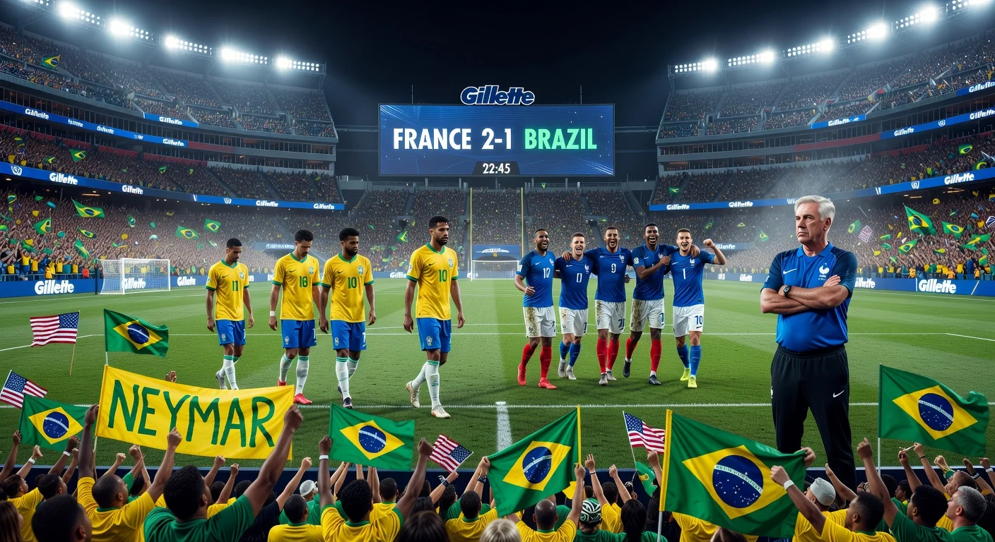 Brazil's 2-1 loss to France in US friendly at Gillette Stadium; dejected players, coach Ancelotti, fans calling for Neymar.