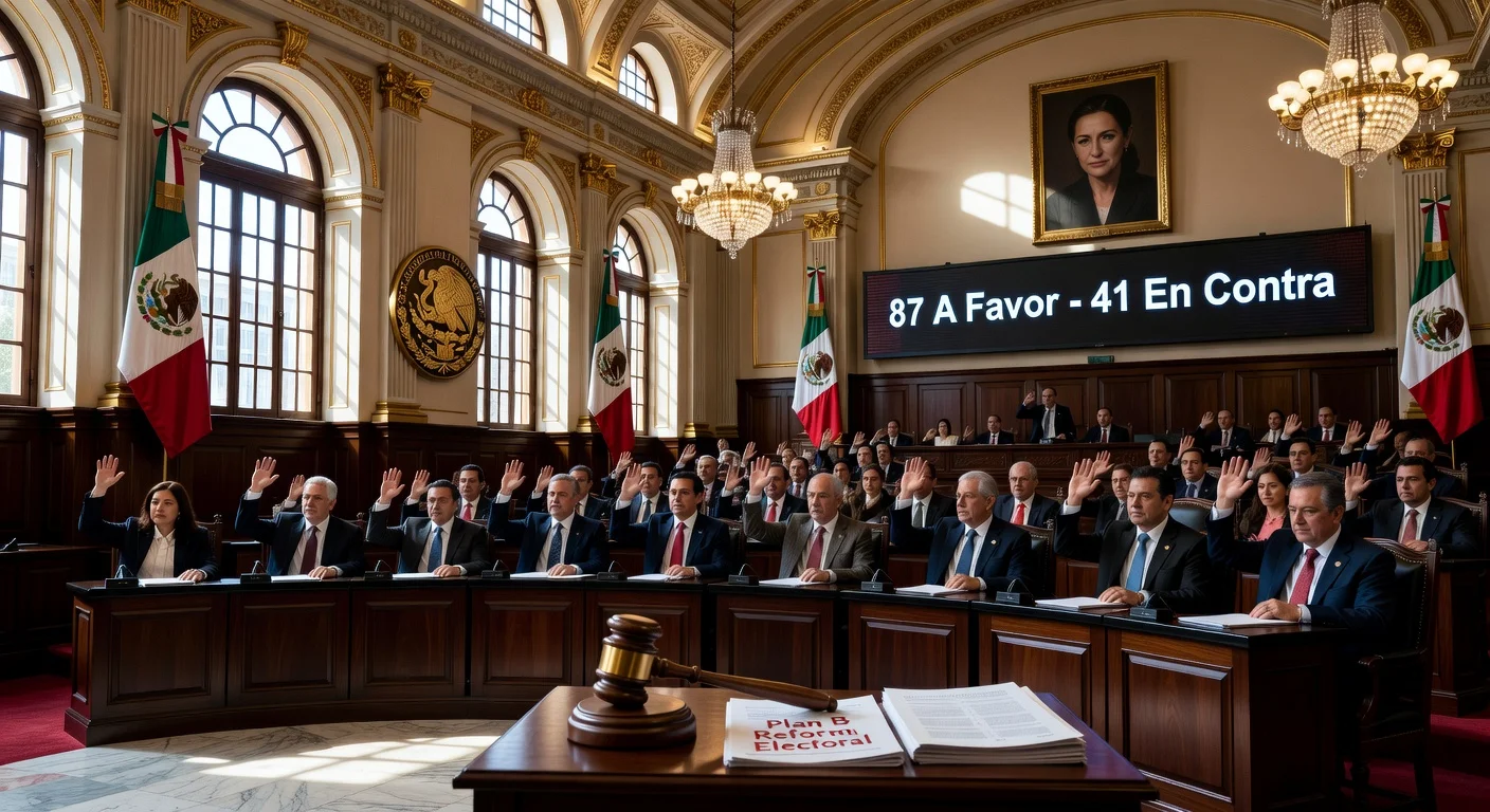 Mexican Senate chamber during vote on Plan B electoral reform, showing 87-41 tally in favor.