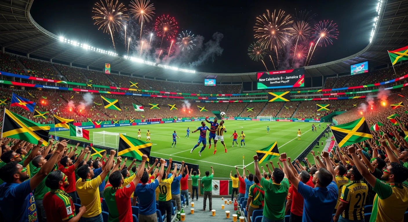 Dynamic night view of Estadio Akron stadium packed with fans during World Cup 2026 intercontinental playoff match kickoff in Mexico.