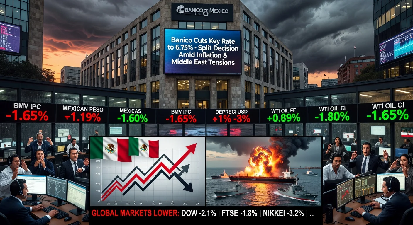 Illustration of Banxico's interest rate cut to 6.75% amid market declines, peso depreciation, surging oil prices, and Middle East tensions including US-Iran conflict and Strait of Hormuz closure.