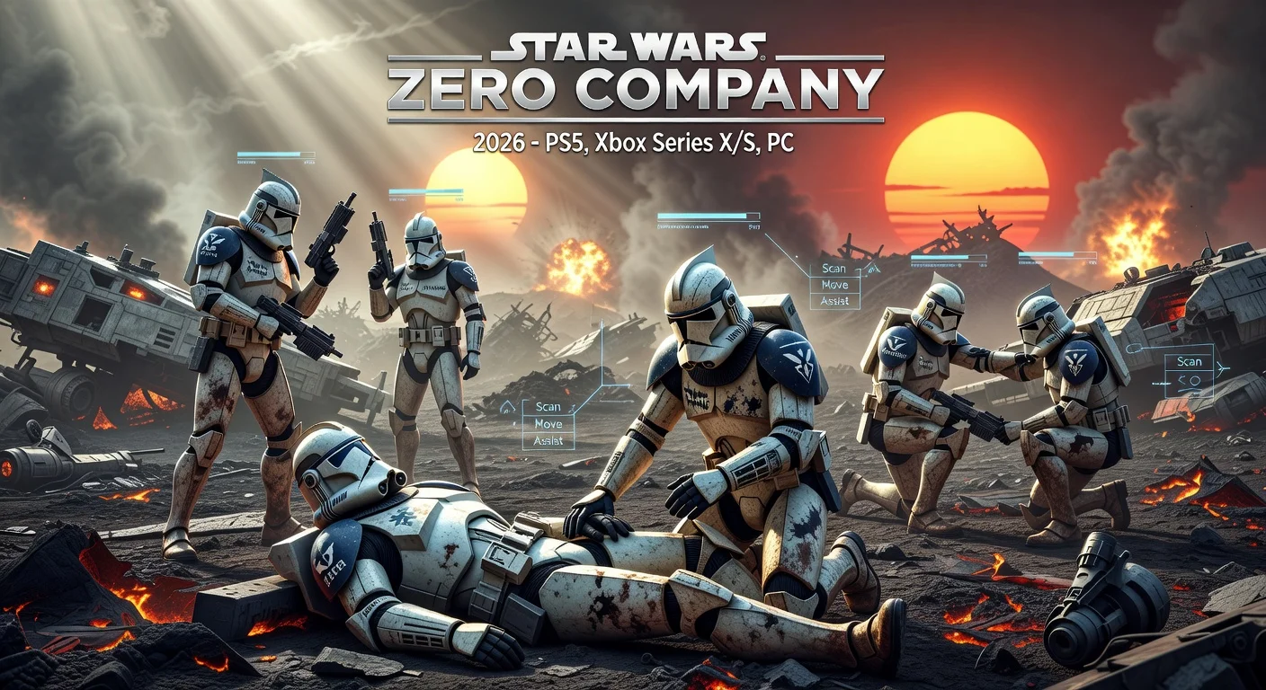 Photorealistic scene of Clone Troopers battling in Star Wars: Zero Company, illustrating third-person exploration, permadeath, and squad bonding in the Clone Wars era.