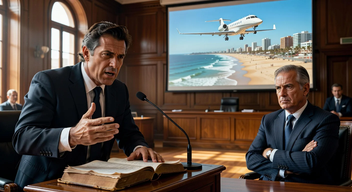 Dramatic courtroom illustration of pilot testifying against Cabinet Chief Adorni over disputed Punta del Este flight payment.