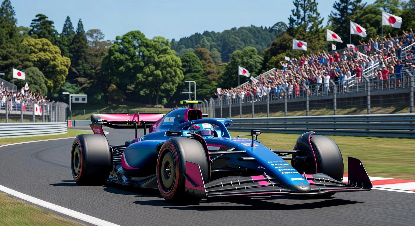 Franco Colapinto driving Alpine F1 car in Japanese GP free practice at Suzuka Circuit.