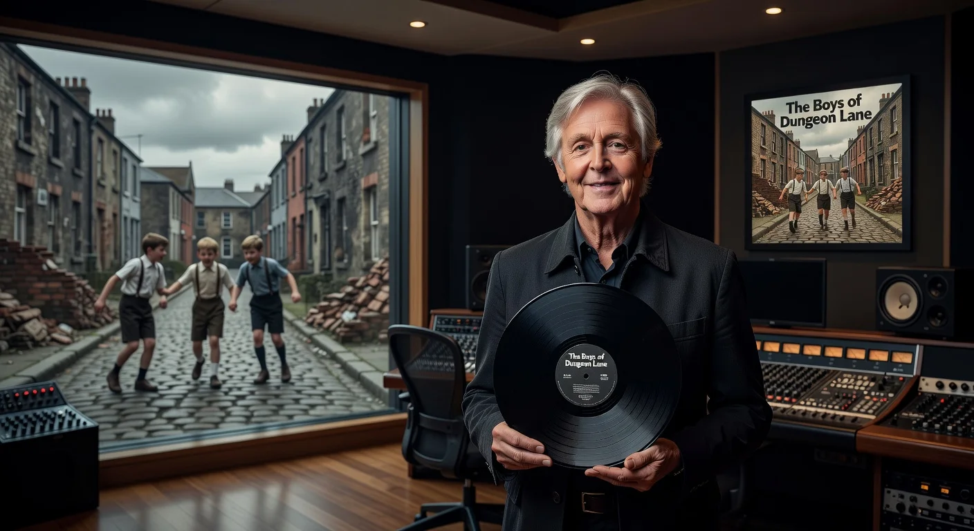 Paul McCartney announces new album 'The Boys of Dungeon Lane', illustrated with him holding the record against a nostalgic Liverpool backdrop.