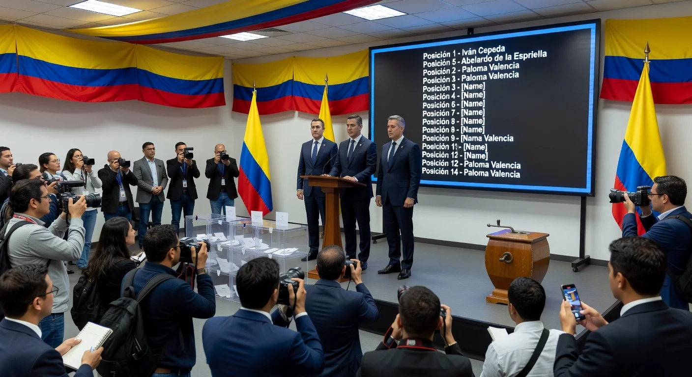 Realistic illustration of Colombia's National Civil Registry announcing presidential ballot order, highlighting positions for candidates Iván Cepeda (1st), Abelardo de la Espriella (5th), and Paloma Valencia (12th).