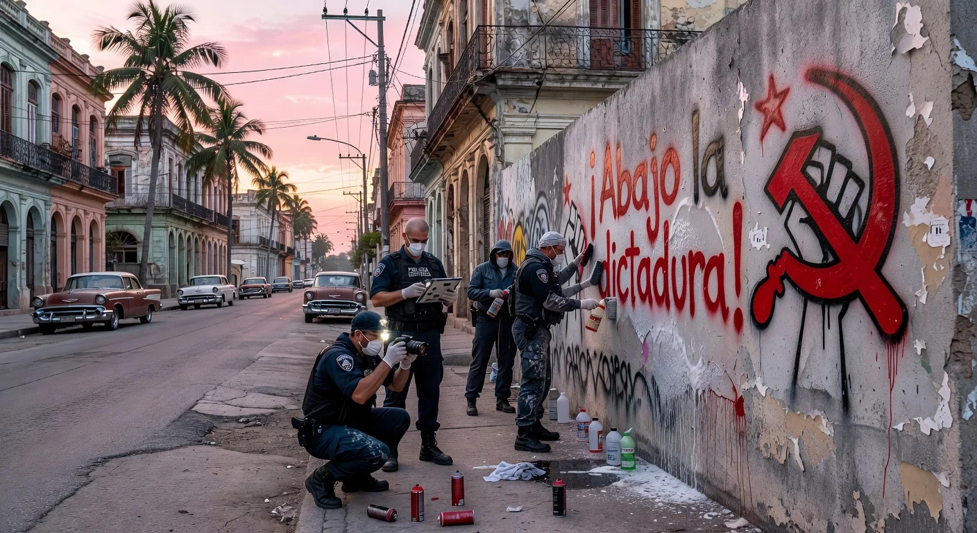 Dawn scene in Havana: anti-government graffiti on a wall labeled 'Down with the dictatorship!' being erased by forensic authorities amid Cuba's crackdowns.