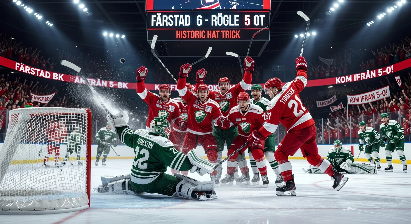 Dramatic illustration of Färjestad BK's David Tomasek scoring the overtime winner in their historic 6-5 comeback against Rögle BK in SHL playoffs.