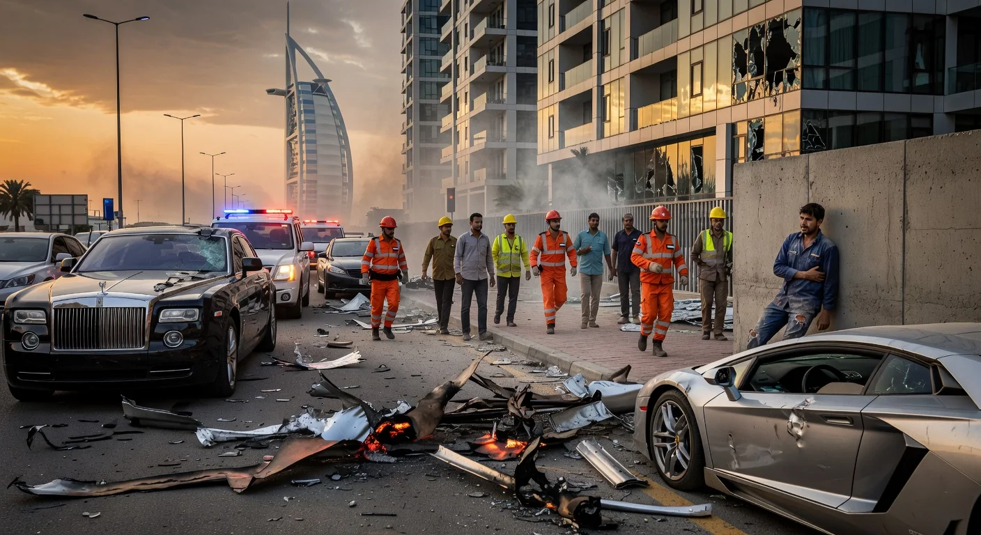 Realistic depiction of missile debris crash in Abu Dhabi injuring an Indian national, with emergency services responding amid urban skyline.