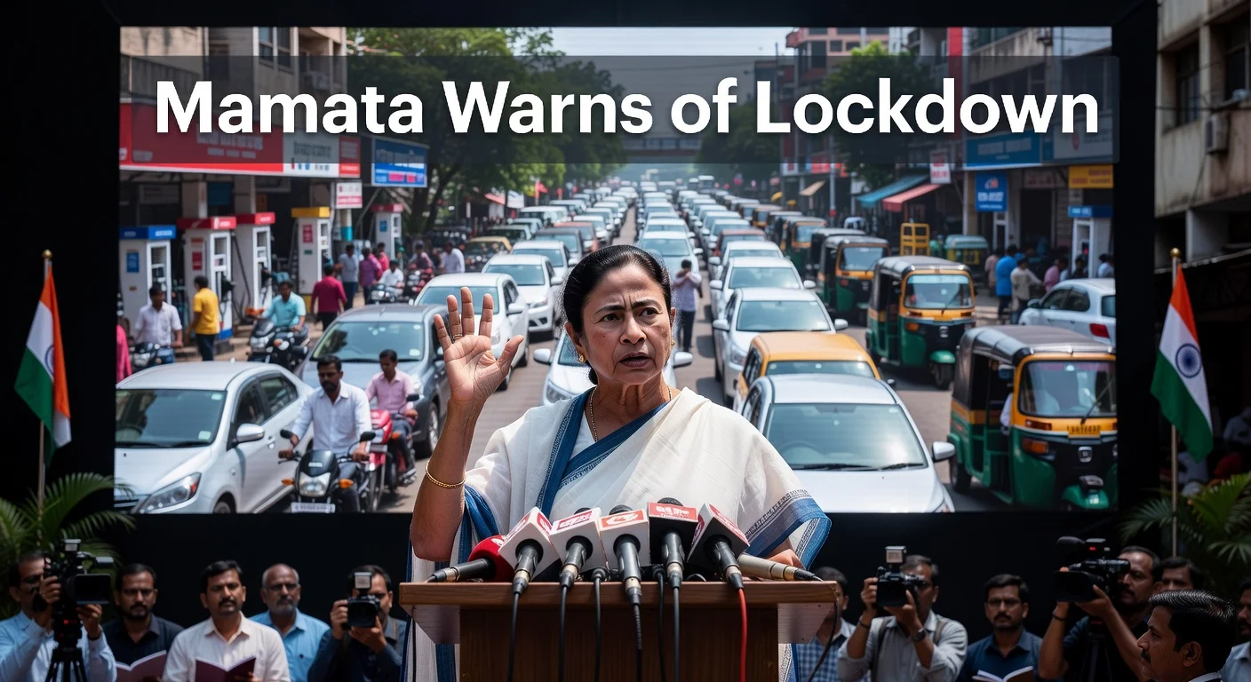 West Bengal CM Mamata Banerjee warns of lockdown at press conference, with backdrop of fuel queues at petrol pumps due to supply concerns.