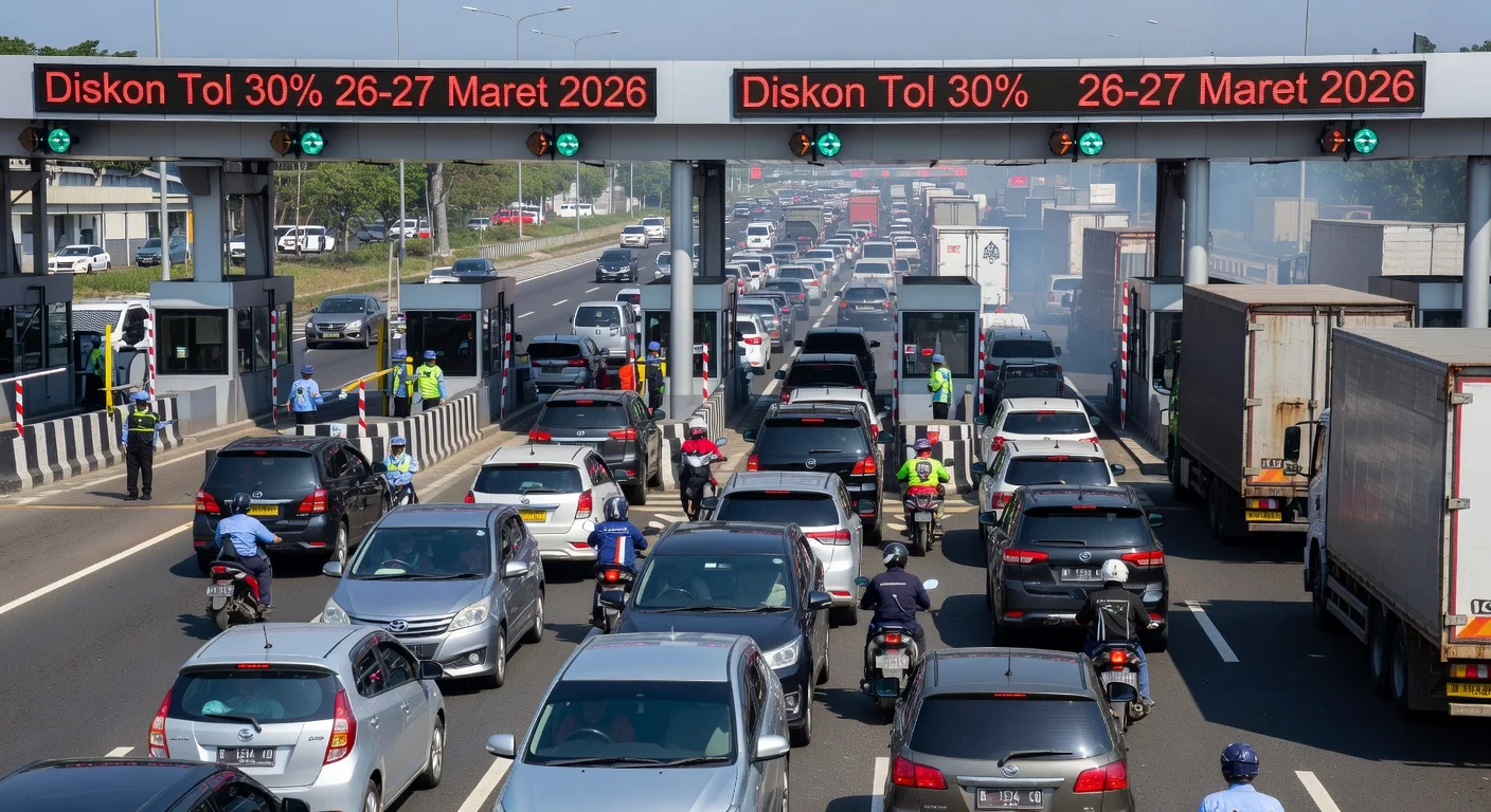 Heavy traffic jam at Cikampek Utama toll gate towards Jakarta during 30% toll discount.