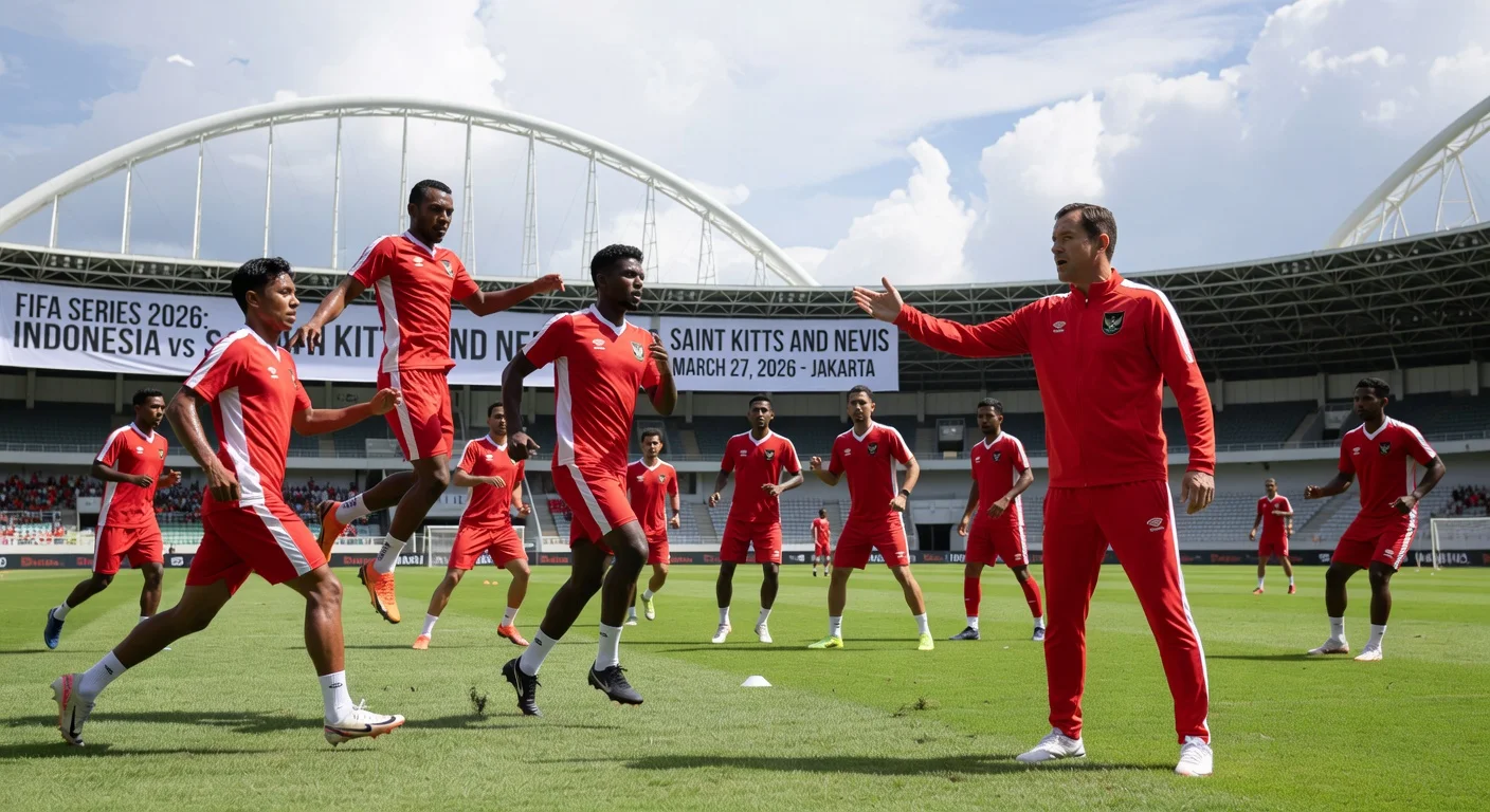 Indonesian football team training under coach John Herdman at Gelora Bung Karno stadium ahead of FIFA Series 2026 match vs Saint Kitts and Nevis.