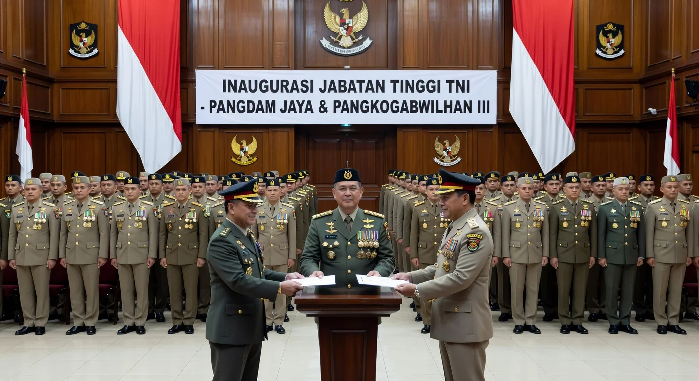 TNI Chief General Agus Subiyanto inaugurates senior officers and receives promotion report at TNI Headquarters ceremony.