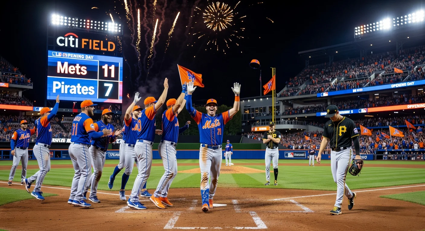 Mets celebrate 11-7 Opening Day win over Pirates at Citi Field, highlighting rookie Carson Benge's first MLB homer and Paul Skenes' early exit.