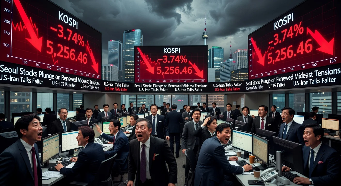 Panicked traders on the Seoul stock exchange floor react to KOSPI's sharp 3.74% drop amid Middle East tensions.