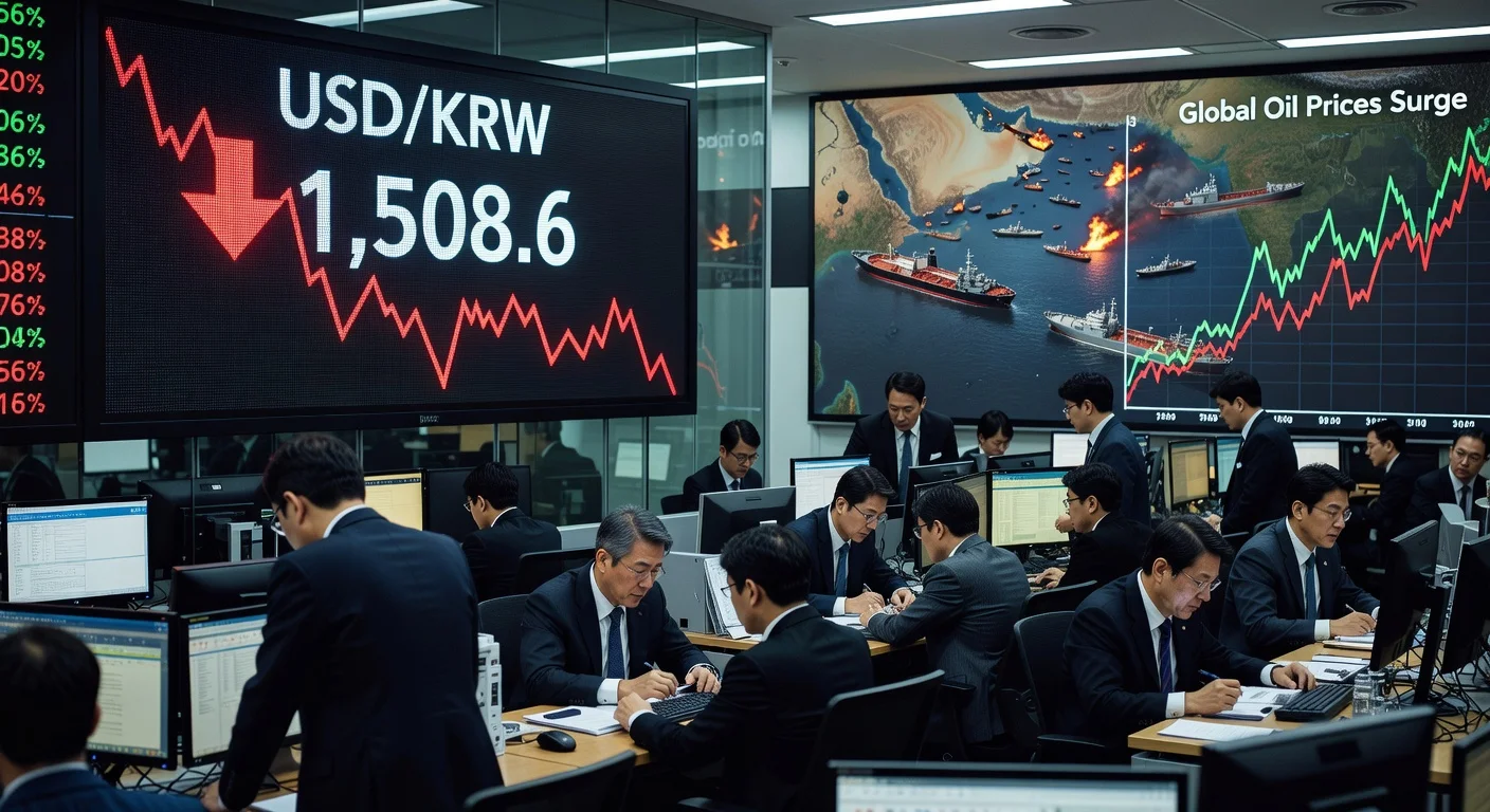Stock traders in Seoul monitor the weakening Korean won against the US dollar on screens showing 1,508.6 rate, with overlaid imagery of the blocked Strait of Hormuz amid Iran conflict.