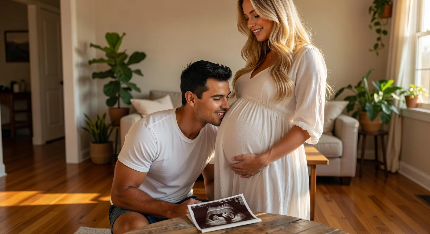Taylor Lautner tenderly kissing wife Tay's baby bump beside sonogram, celebrating first child announcement.