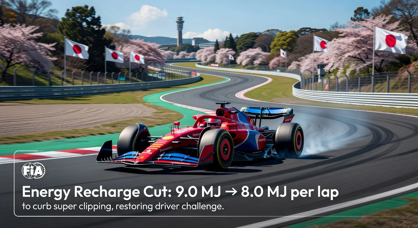 F1 car speeding through Suzuka corner with FIA graphic showing reduced 8.0 MJ energy recharge limit for Japanese GP qualifying.
