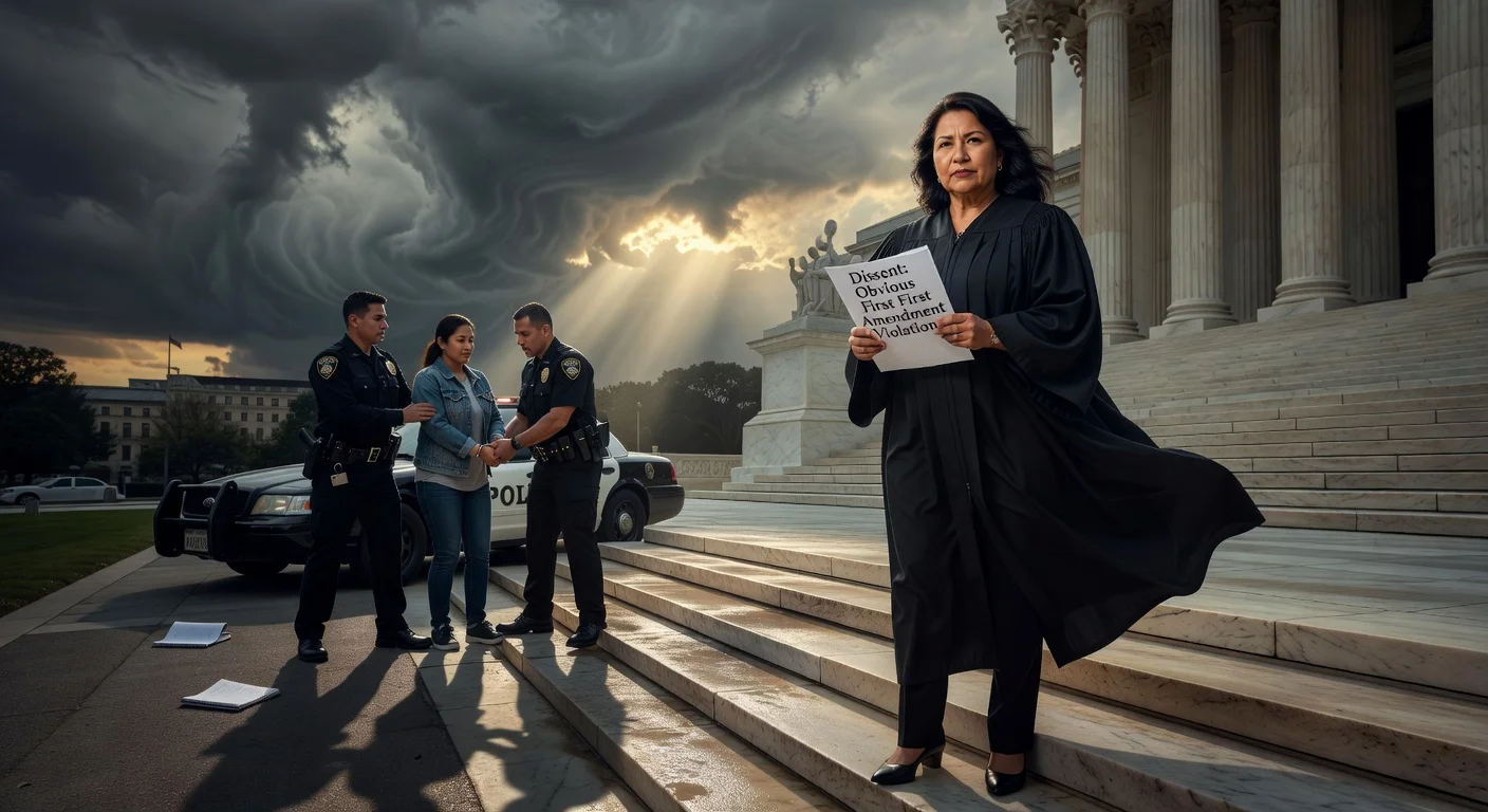 Dramatic illustration of Justice Sotomayor dissenting outside the Supreme Court, overlaid with the wrongful arrest of journalist Priscilla Villarreal, underscoring First Amendment concerns.