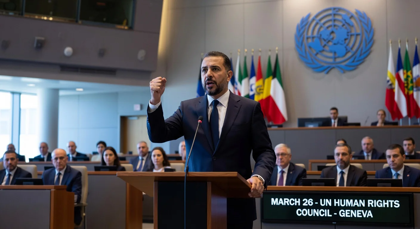 Kuwaiti journalist Jasem Aljuraid addresses the UN Human Rights Council in Geneva, criticizing its scrutiny of Israel.