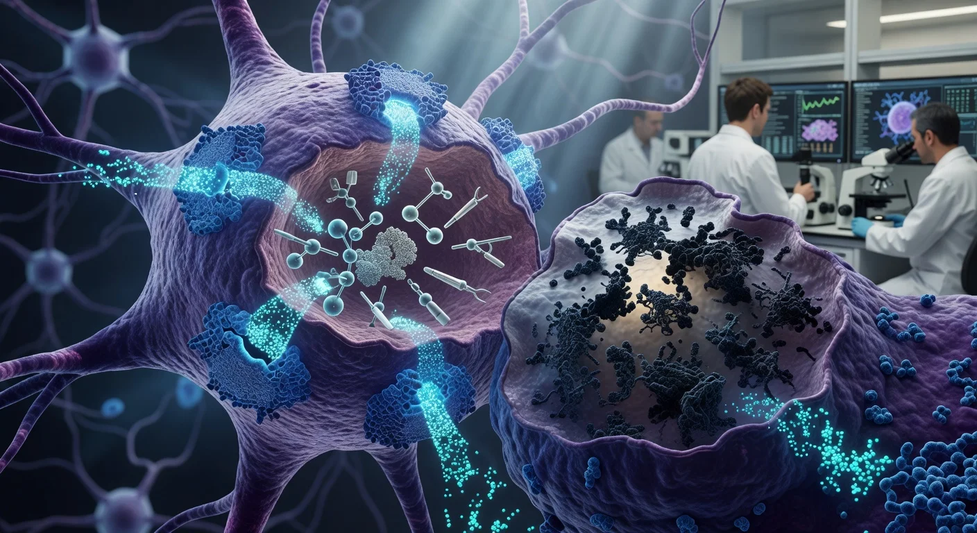 Scientific illustration depicting the TMEM175 lysosomal ion channel preventing over-acidification and toxic buildup in neurons, relevant to Parkinson’s disease research.