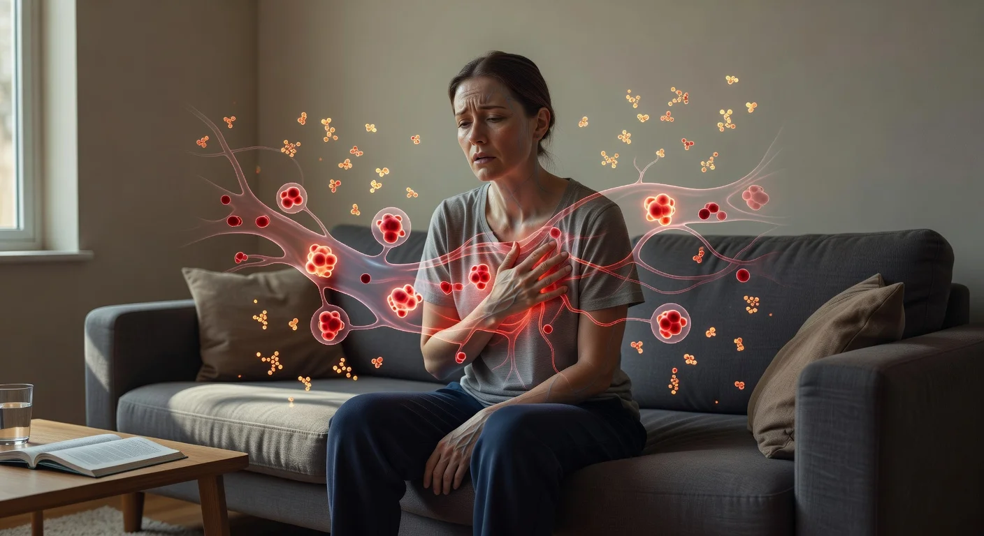 Realistic depiction of a long COVID patient experiencing fatigue and breathing difficulties, overlaid with highlighted CD14+ monocytes (LC-Mo state) and inflammatory markers from recent immune study.