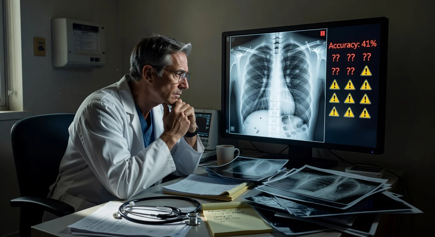 Radiologist and AI system struggling to identify deepfake X-ray images in a medical study.