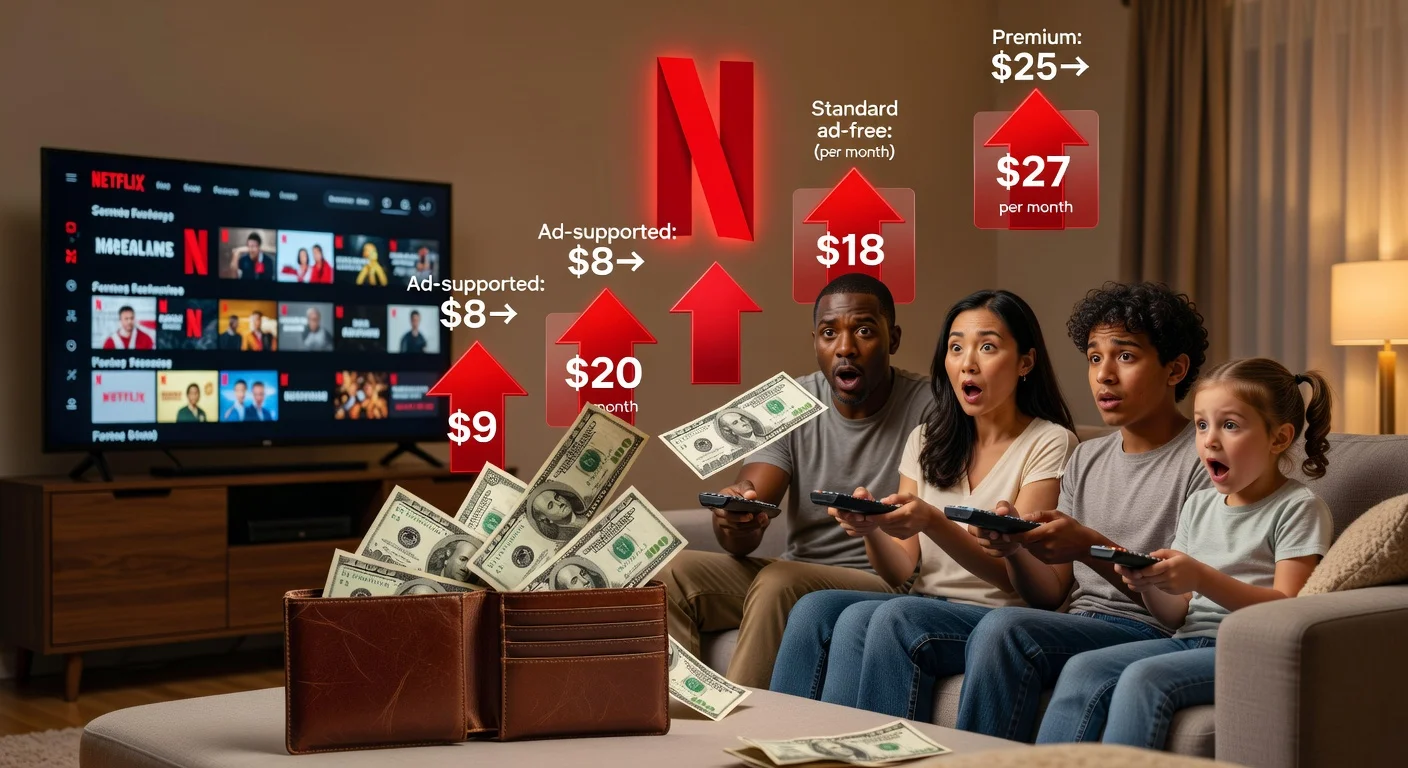 Illustration depicting Netflix's subscription price increases with rising price tags, spilling wallet, and surprised family viewers.